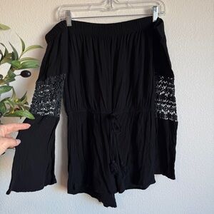 Black Off-Shoulder Romper Crochet Lace Sleeves Boho Festival Size Small